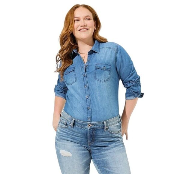 TORRID‎ Womens Button Shirt SZ 2X Taylor Medium Wash Denim Blue Country Rodeo - Picture 2 of 11